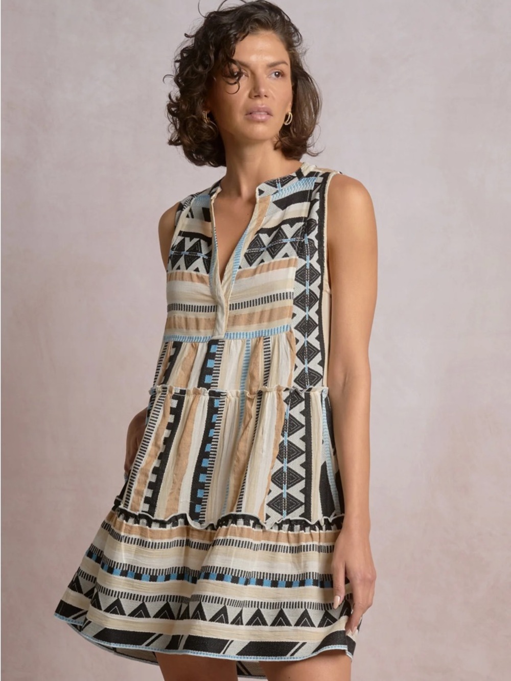 NWT Elan Boho Tribal Print Sleeveless Mini Dress Neutral Beige Black Blue  Dress